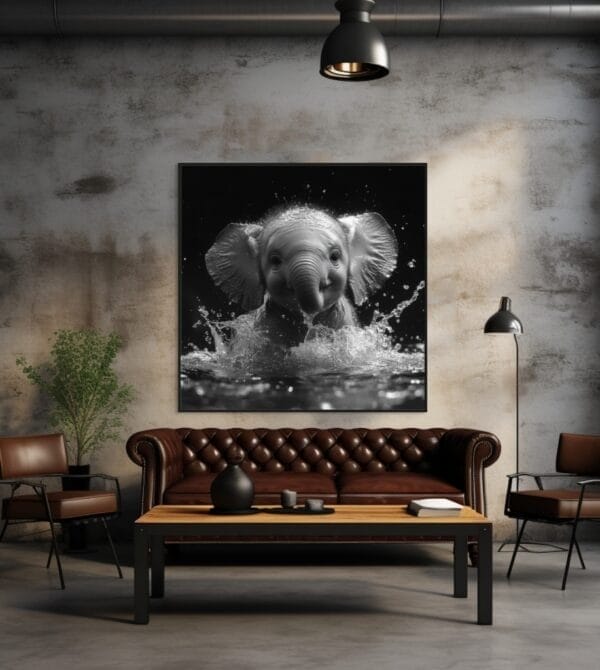 Un elefante bebé en blanco y negro salpicando agua_ATAI