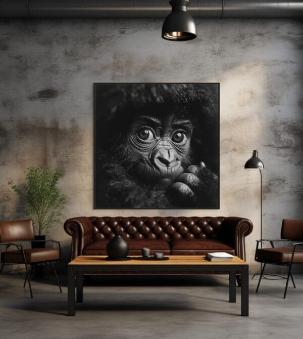 Un gorila bebé en blanco y negro aferrado a su madre_ATAI