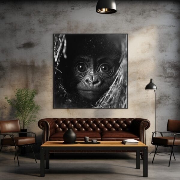 Un gorila bebé en blanco y negro aferrado a su madre juguetón_ATAI