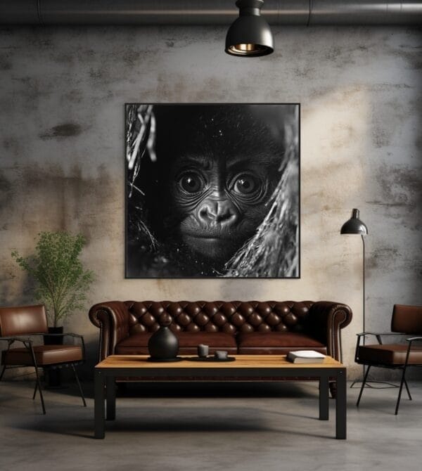 Un gorila bebé en blanco y negro aferrado a su madre juguetón_ATAI