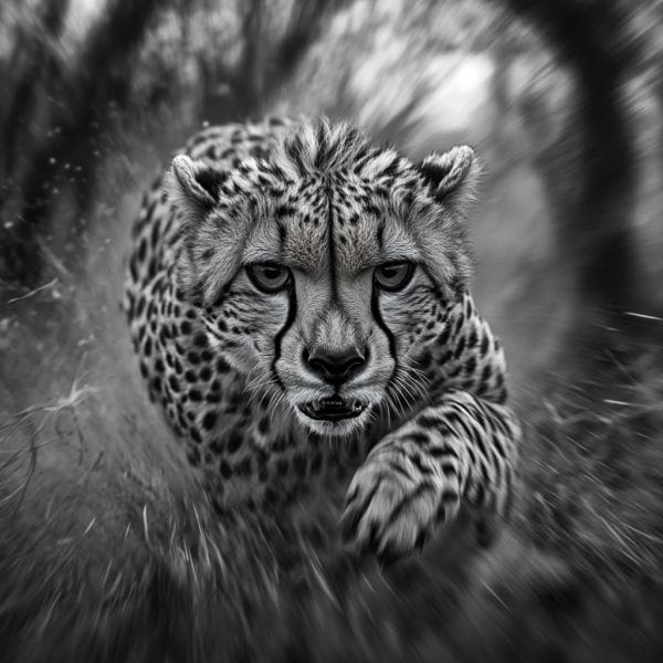 Acción en blanco y negro de un guepardo corriendo_ATAI