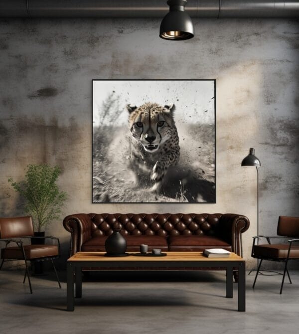 Acción en blanco y negro de un guepardo corriendo veloz_ATAI