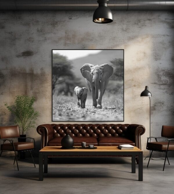 Imagen en blanco y negro de un elefante bebé caminando_ATAI