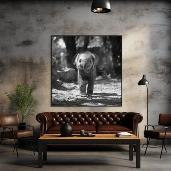 Imagen en blanco y negro de un elefante bebé caminando tranquilo_ATAI