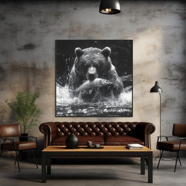 Imagen en blanco y negro de un oso cazando peces en el río feroz_ATAI