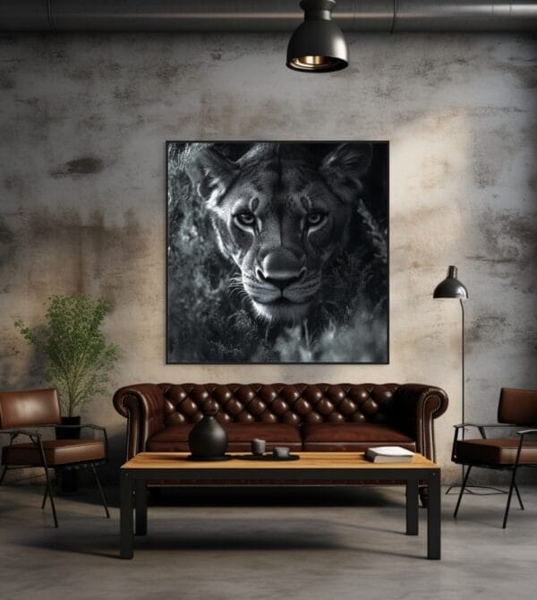 Imagen en blanco y negro de una leona acechando a su presa_ATAI