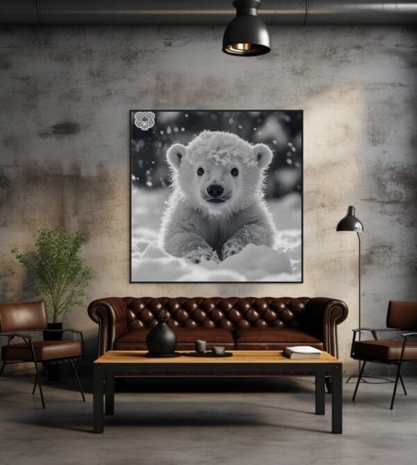 Imagen en blanco y negro de un oso polar bebé jugando_ATAI