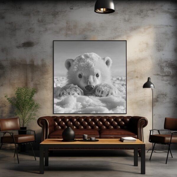 Imagen en blanco y negro de un oso polar bebé jugando travieso_ATAI