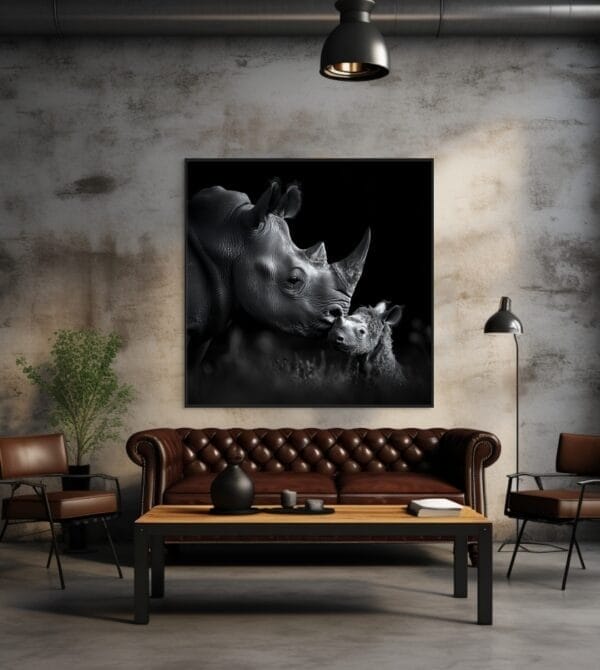 Imagen en blanco y negro de un rinoceronte y su cría_ATAI