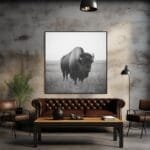 Imagen en blanco y negro de un bisonte pastando en el campo_ATAI