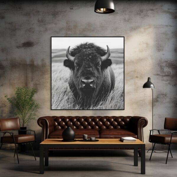 ATAI0223 Imagen en blanco y negro de un bisonte pastando en el campo tranquilo_ATAI