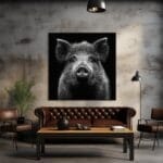 Imagen en blanco y negro de un jabalí salvaje en alerta_ATAI