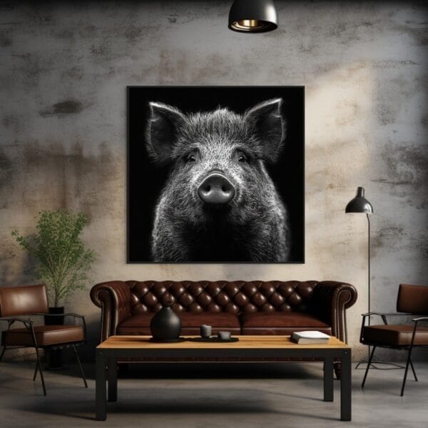 Imagen en blanco y negro de un jabalí salvaje en alerta_ATAI