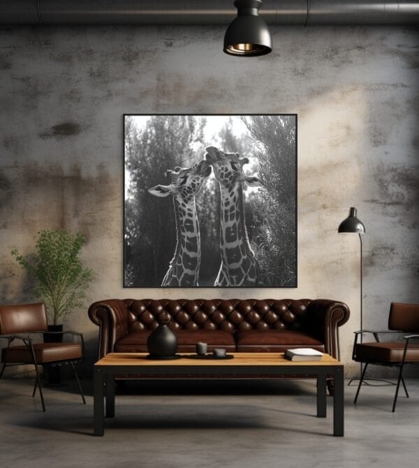 Imagen en blanco y negro de dos jirafas jugando_ATAI
