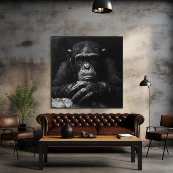 Primer plano en blanco y negro de un chimpancé reflexivo_ATAI