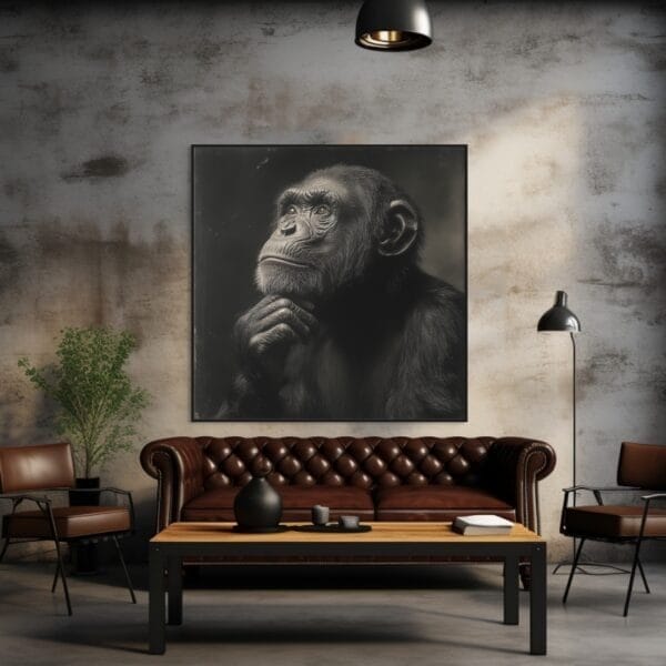 Primer plano en blanco y negro de un chimpancé en calma_ATAI