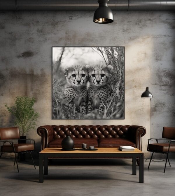 Primer plano en blanco y negro de dos cachorros de guepardo_ATAI