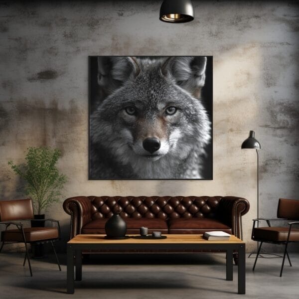 Coyote en blanco y negro, con su rostro y parte superior del cuerpo_ATAI