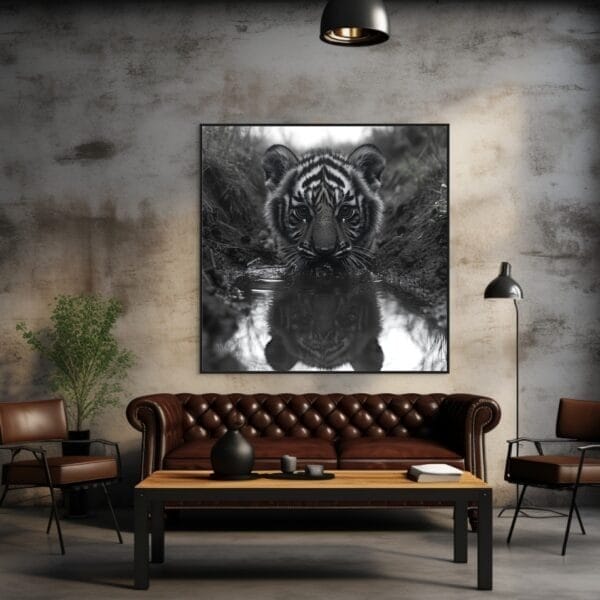 ATAI0245 Cachorro de tigre en blanco y negro bebiendo agua sediento_ATAI