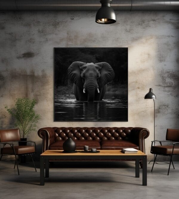 Elefante en blanco y negro bebiendo agua_ATAI