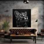 Ocelote en blanco y negro, con su cabeza y parte superior del cuerpo_ATAI