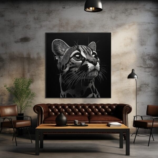 ATAI0247 Ocelote en blanco y negro, con su cabeza y parte superior del cuerpo_ATAI