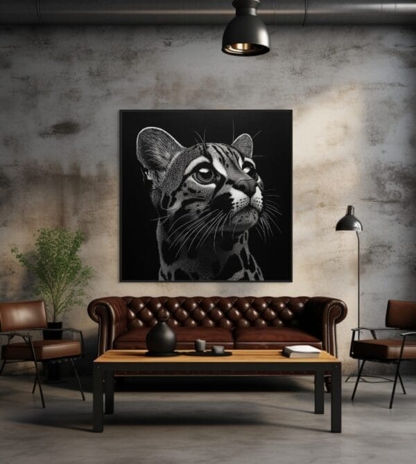 Ocelote en blanco y negro, con su cabeza y parte superior del cuerpo_ATAI