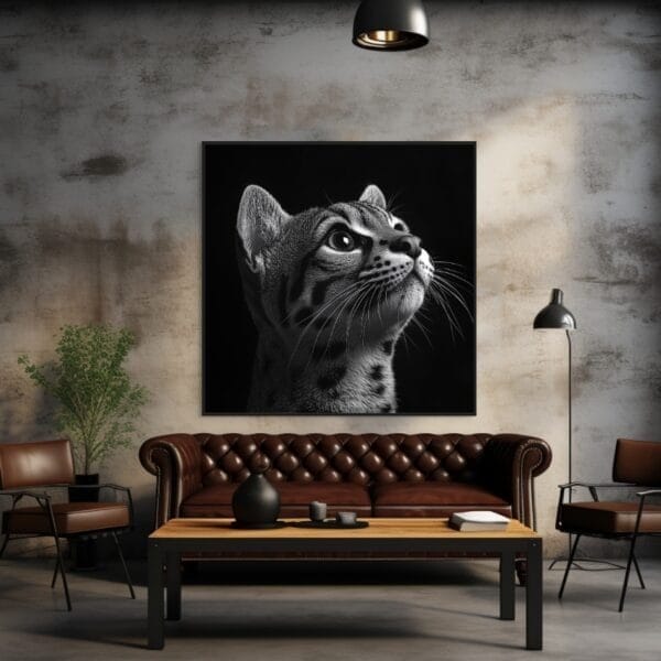 ATAI0248 Ocelote en blanco y negro, con su cabeza y parte superior del cuerpo atento_ATAI