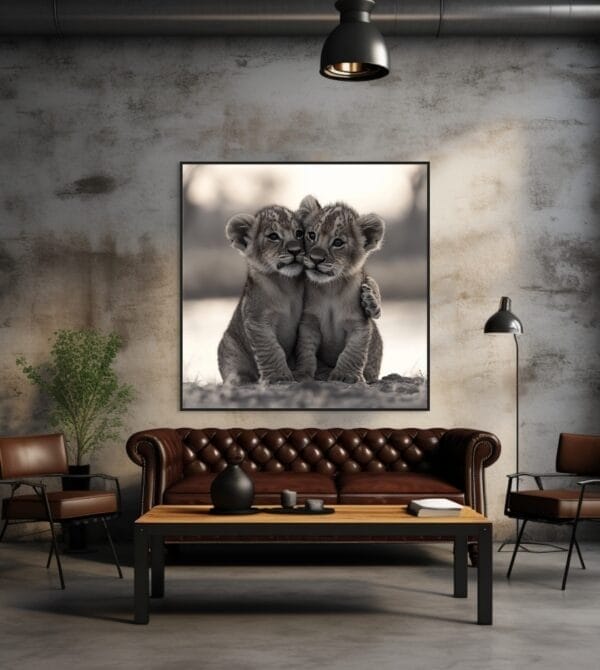 ATAI0249 Dos cachorros de león en blanco y negro jugando_ATAI